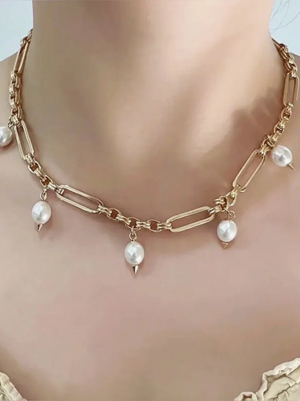Gold Pearl Charm Link Necklace - Unbranded - Picture 1 of 2